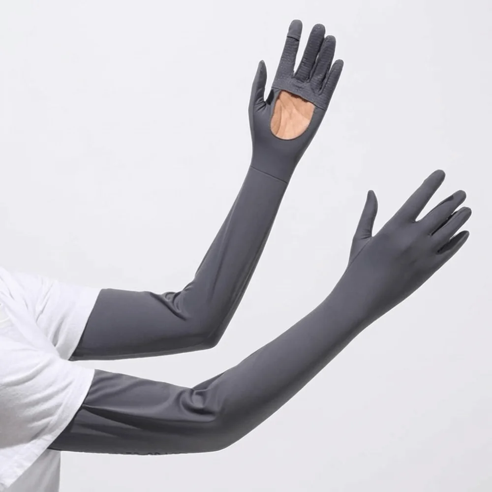 

Breathable Solid Color Long Sleeve Sun Protection Flip Ice Silk Arm Sleeve Cooling Elastic Sunscreen Sleeve Gloves Women