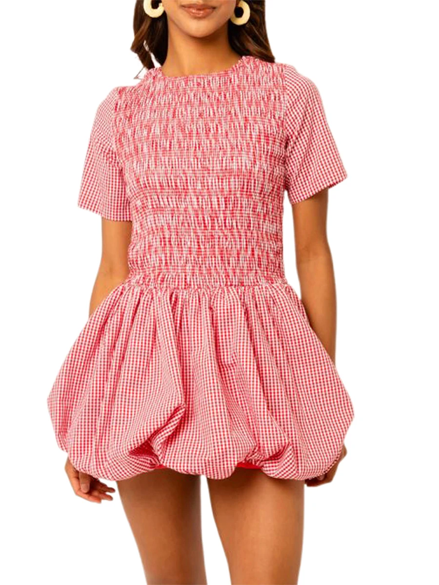 Women s Summer Mini Dress Pink Short Sleeve O Neck  Fit Puffball Plaid Dress