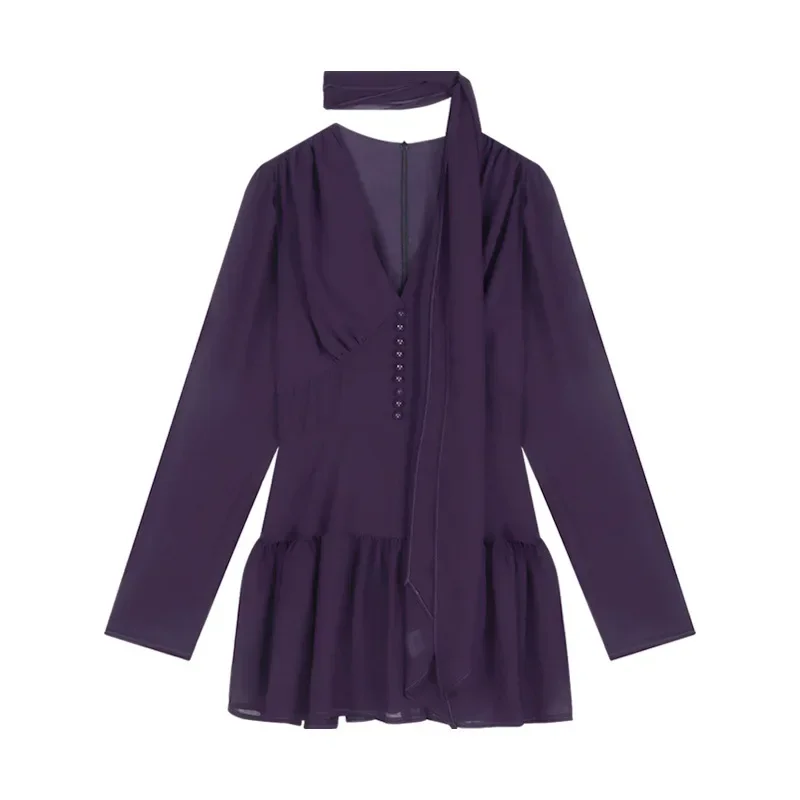 Purple V-Neck Long Sleeve Chiffon Dress Women's Early Autumn Slimming Mini Dress Elegant Smooth Silhouette Waist-Fitted 2025