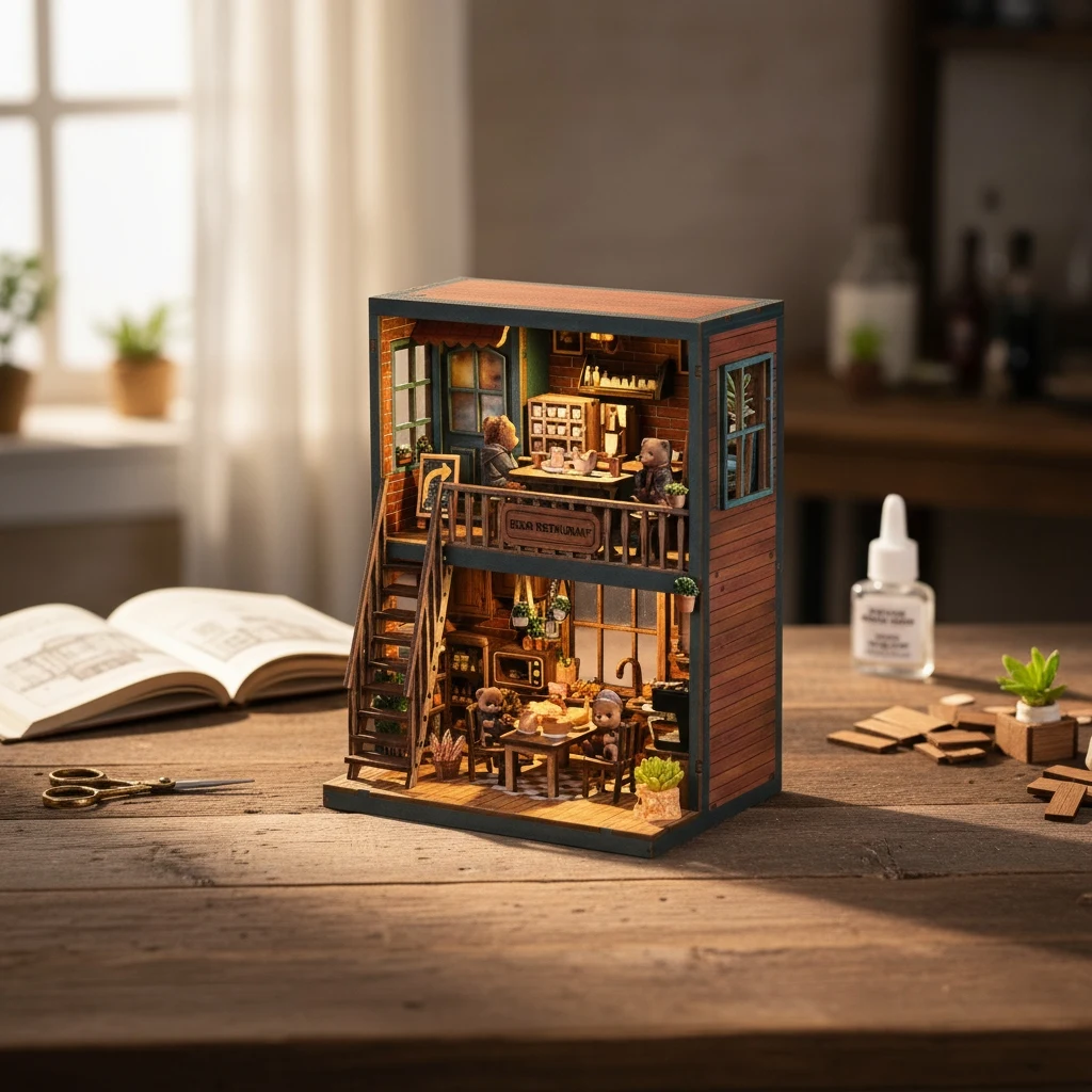 OUZEY 3D 나무 책장 DIY 키트 - '리틀 베어 비스트로' 미니어처 장면, 카페 모델 하우스 조립, 창의적인 데스크탑 장식 선물