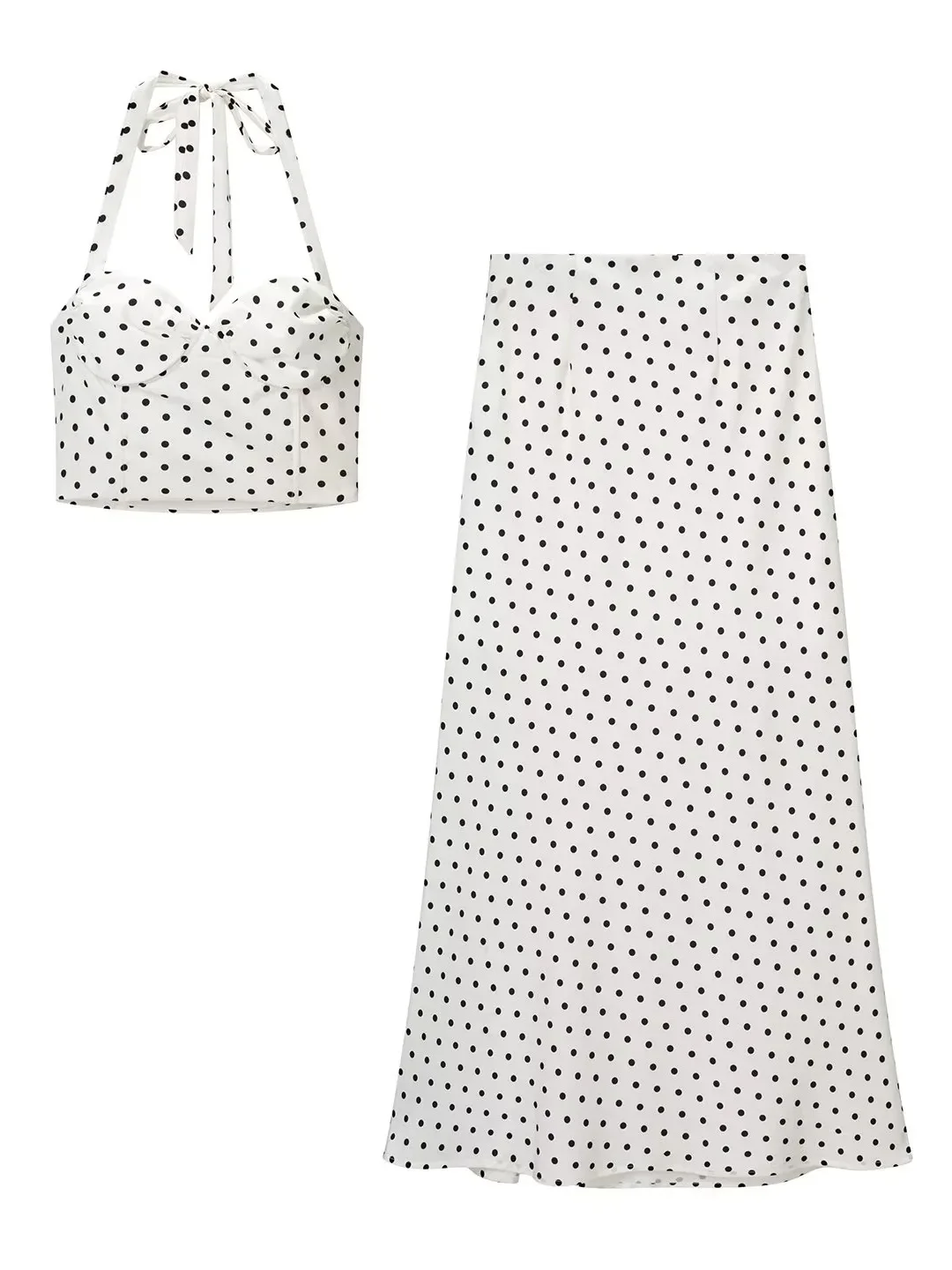 

Летний пляжный комплект из двух предметов в горошек: женский повседневный спортивный костюм с топом-халтером и юбкой из полиэстера