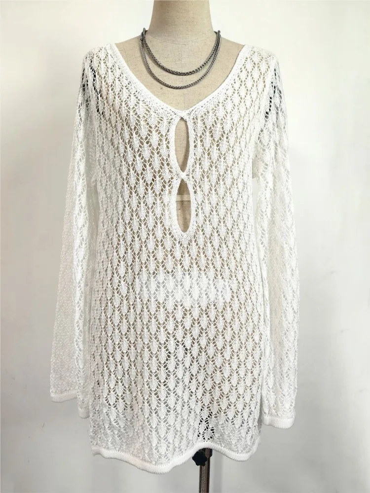 Sexy Boho Chic V-Neck Cover-Up Cut Out Long Sleeve Knit Beach Mini Dress 2026 Summer Women Seaside Holiday Swimsuit Cover Up