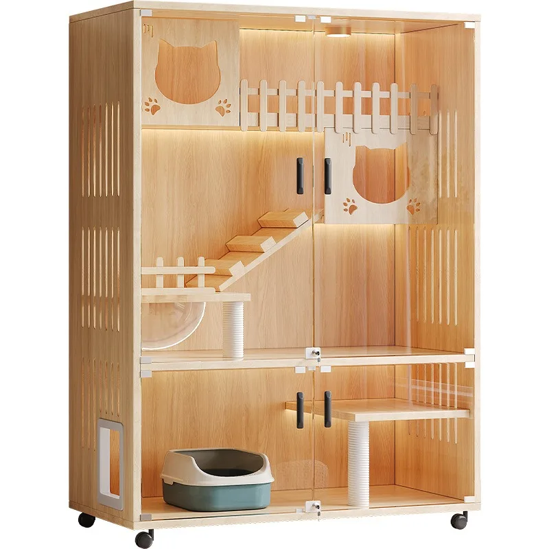 Luxury Villa Style Cat House Solid Wood Multi Level Cat Cage Extra Large Waterproof Indoor Pet Kennel Spacious Cat Condo Real