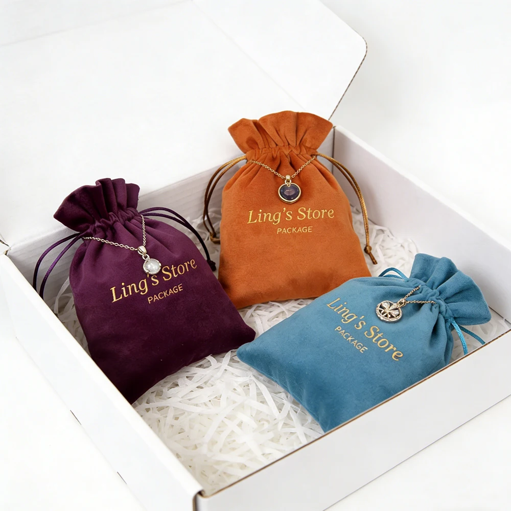 

50Pcs Bulk Custom Logo Jewelry Soft Velvet Drawstring Bag Personalized Name Suede Pouch Wig Candy Shopping Gift Organizer Pouch