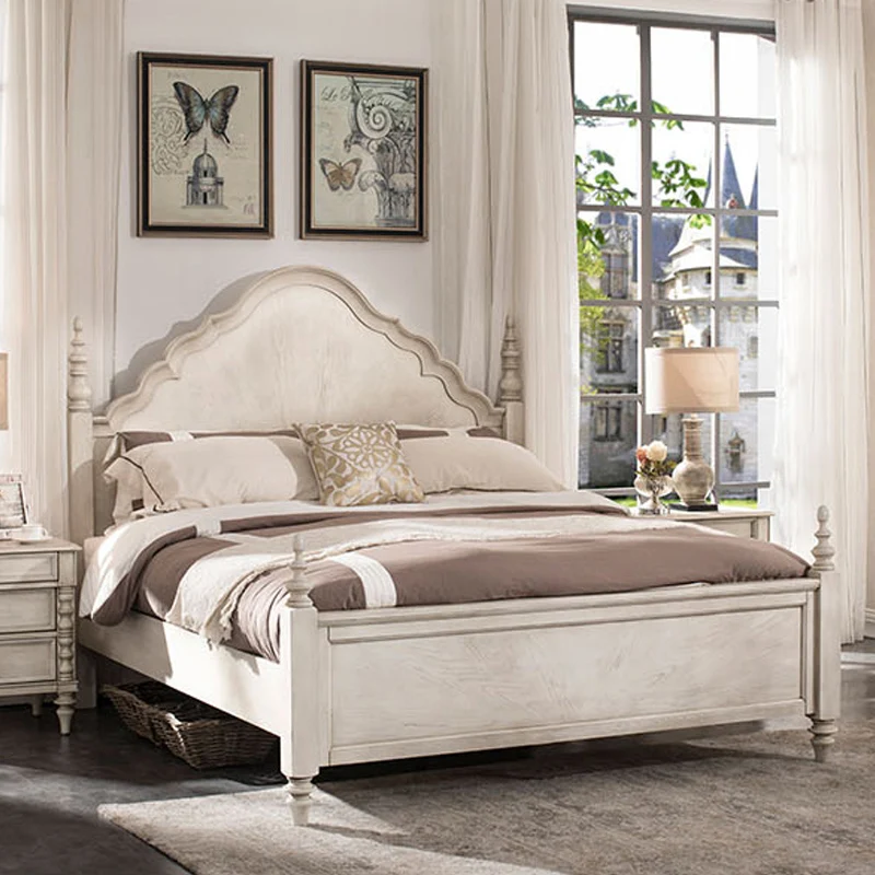 

American country solid wood double bed French European Roman column white old high back curved bedroom bed custom