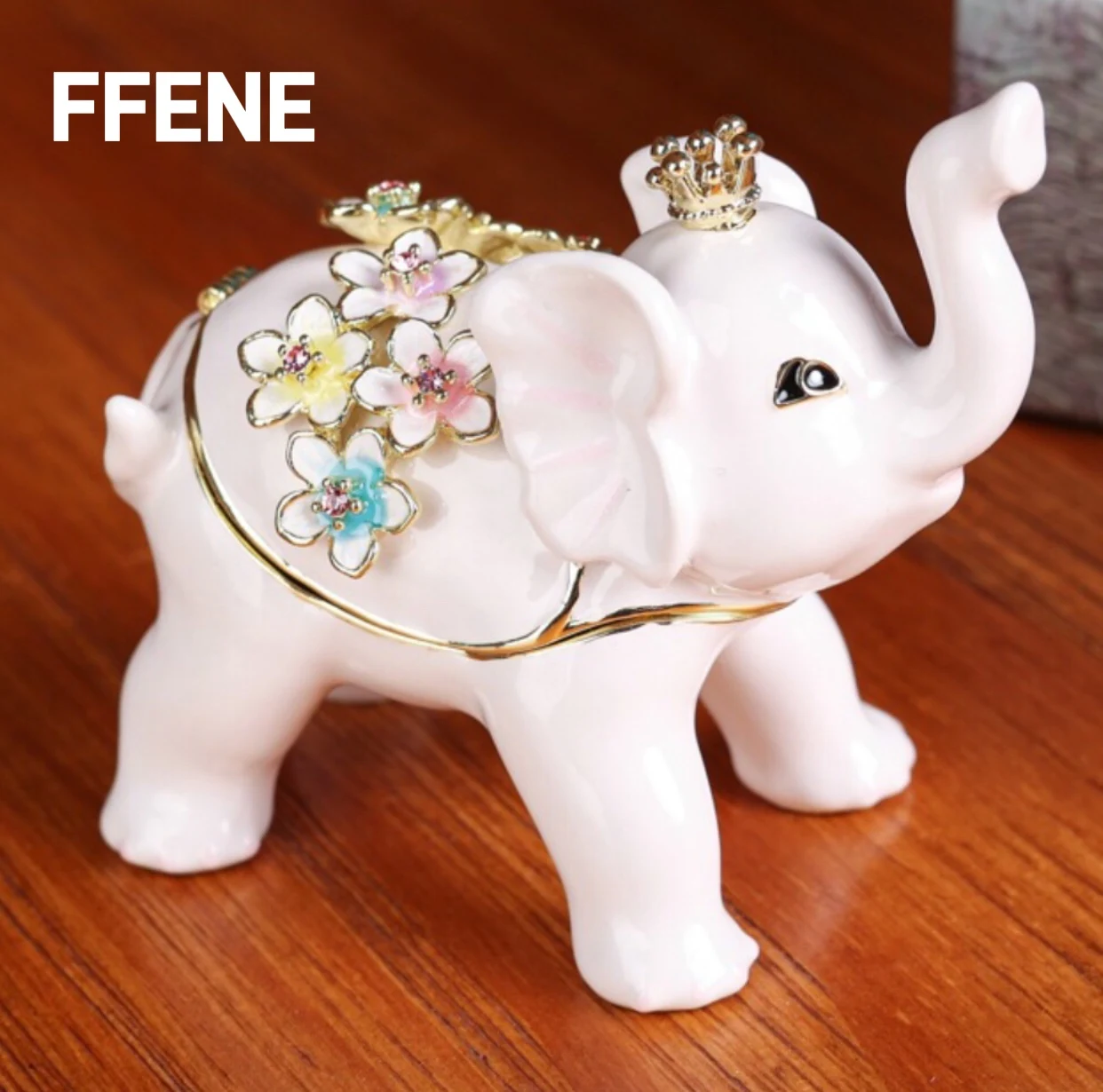 Luxurious and exquisite jewelry box, enamel painting, white flowers, elephant, jewelry decoration box, creative cartoon box