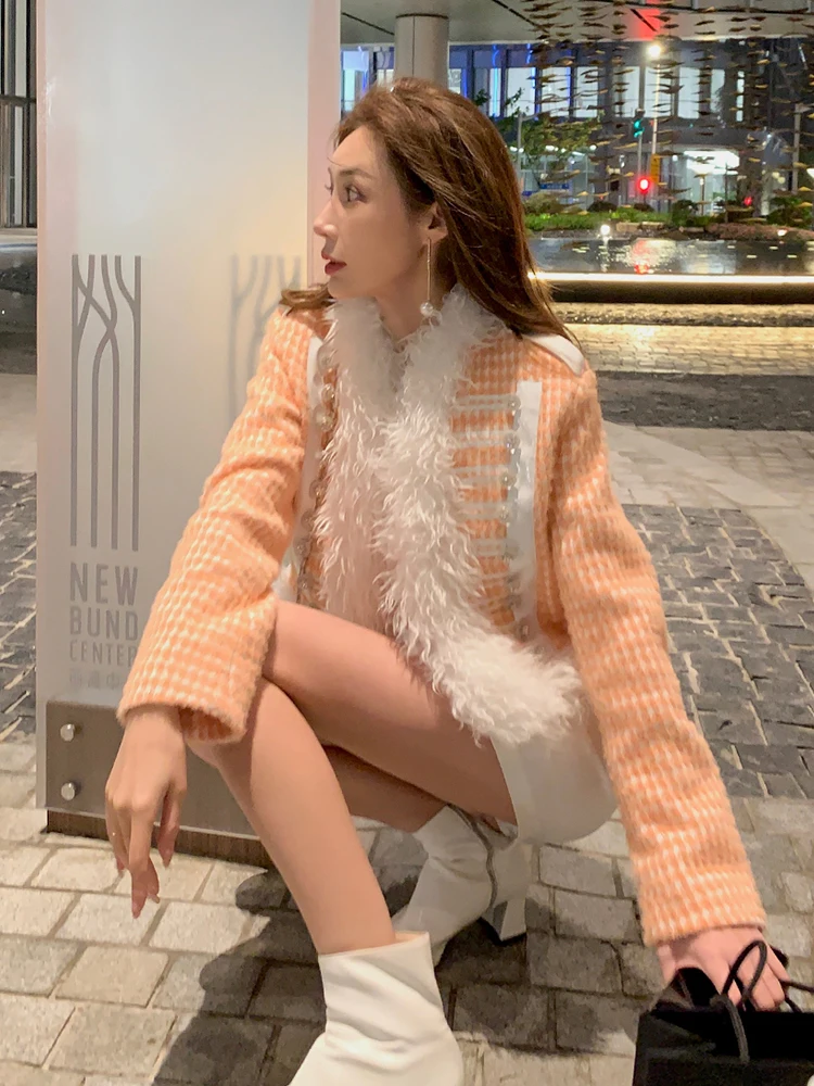 

Autumn Winter Thiened ort Fur Coat Women's Preppy Sle Plaid Fluffy Outerwear High Waist Design Polyester Fiber Coat