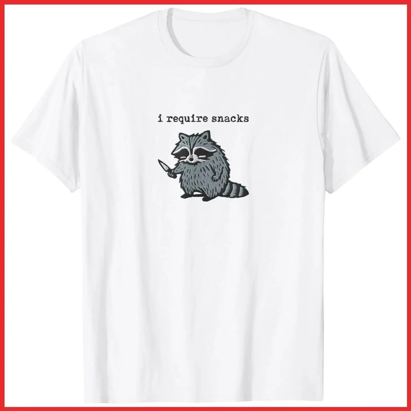I Require Snacks Raccoon White Cotton T Shirt S 5XL vintage Washed Top For Everyday Wear graphic Slightly Comfortable