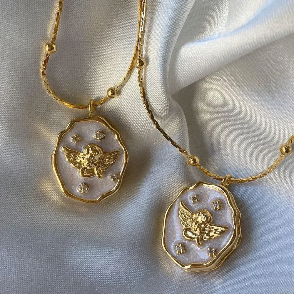 Vintage White Shell Angel Openable Photo Frame Pendant Necklace for Women Waterproof Zircon Choker Fashion Chic Jewelry