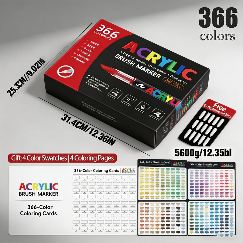 12-366 Colors Acrylic Markers Set, Soft Brush Tip Pens for Drawing, Anime, Painting & DIY Stone Glass Wood Art Gifts