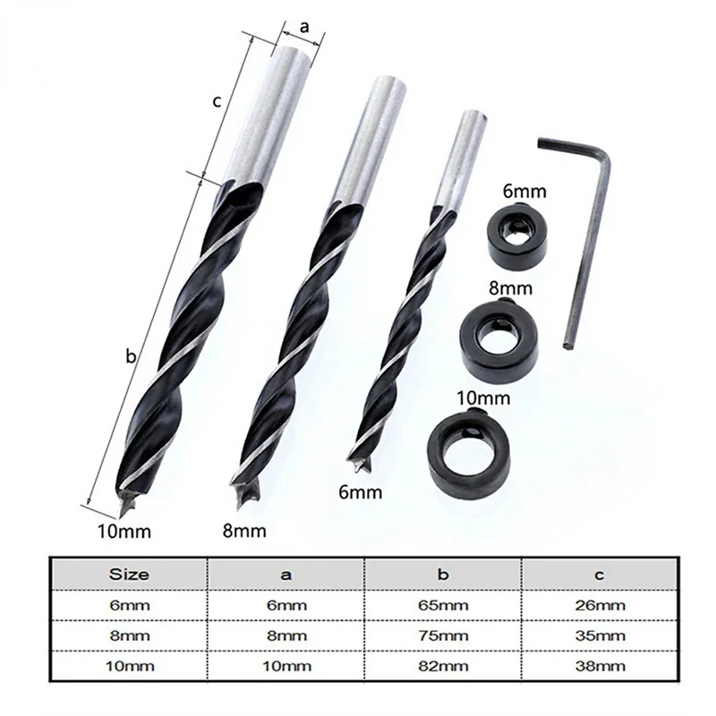 7pcs Tri-tip Woodworking Drill Bit Carbon Steel 6/8/10mm Drill Bit Limit Ring Set of Inclined Hole Locator Accessories Open Hole