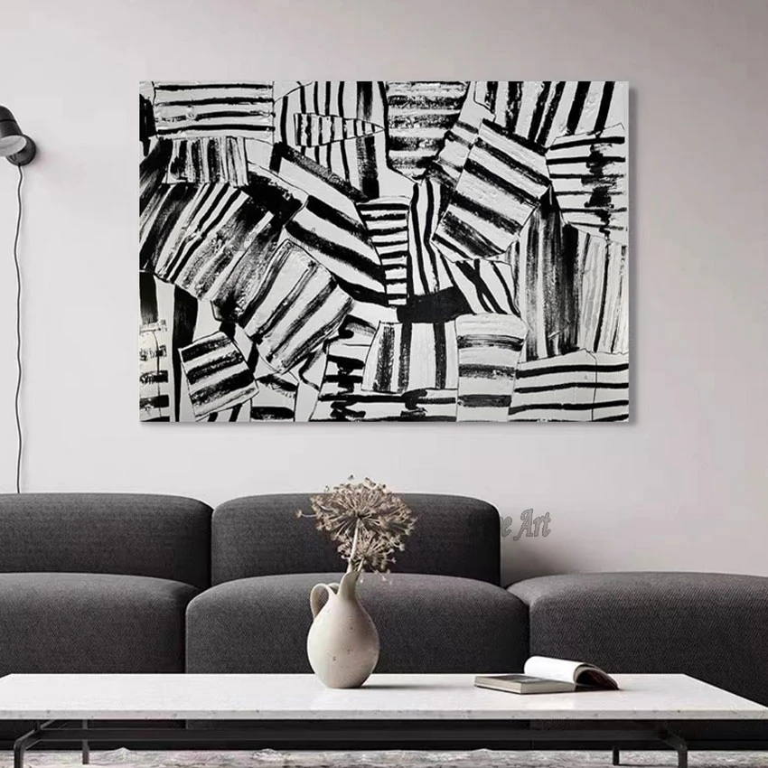 No Framed Black And White Stripe Contemporary Abstract Oil Painting Concise Style Decoration Artwork Wall Picture For Restaurant