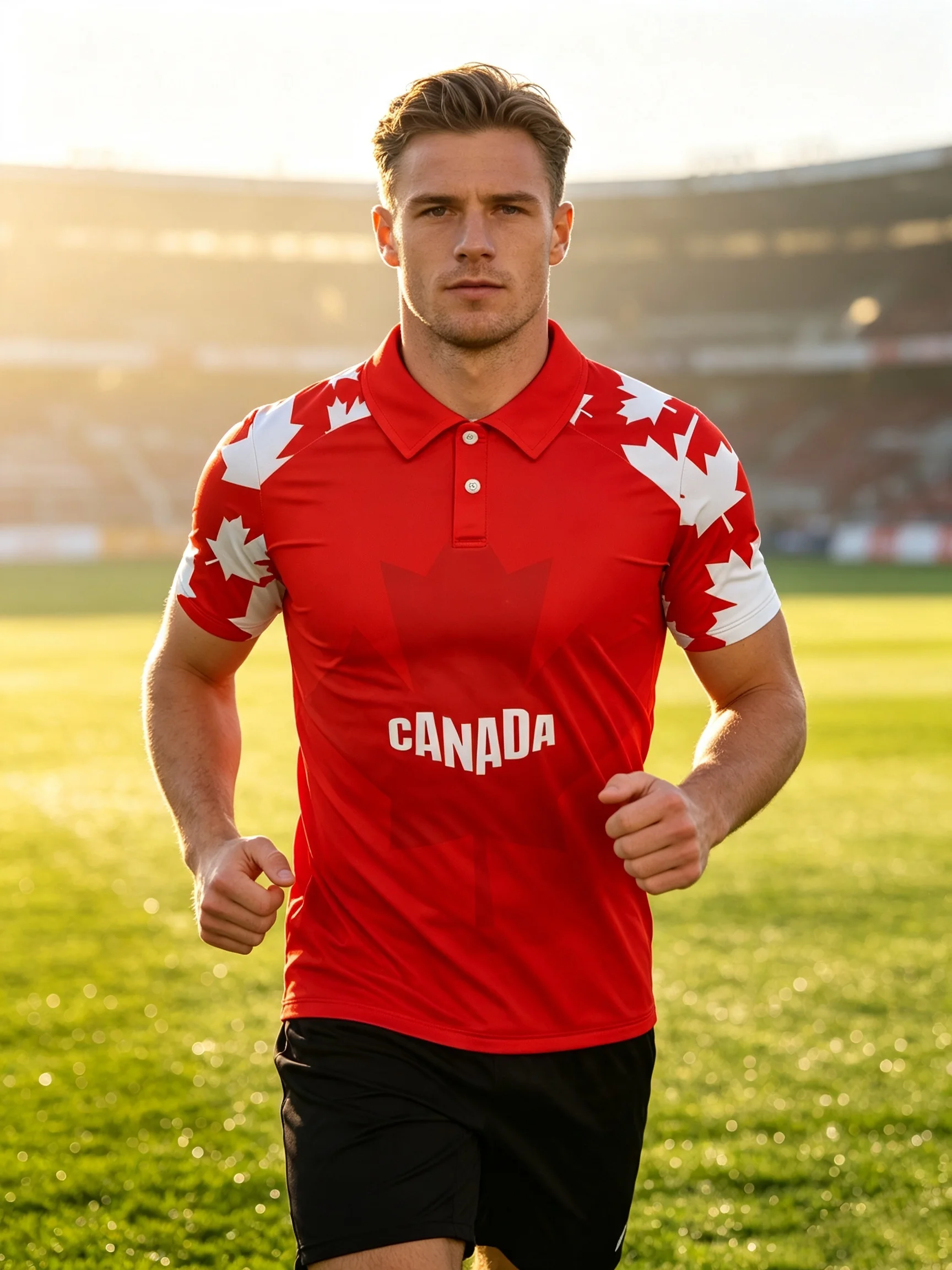 2026 Canada football polo jersey, classic red‑toned top with scattered maple‑leaf prints and quick‑dry fabric