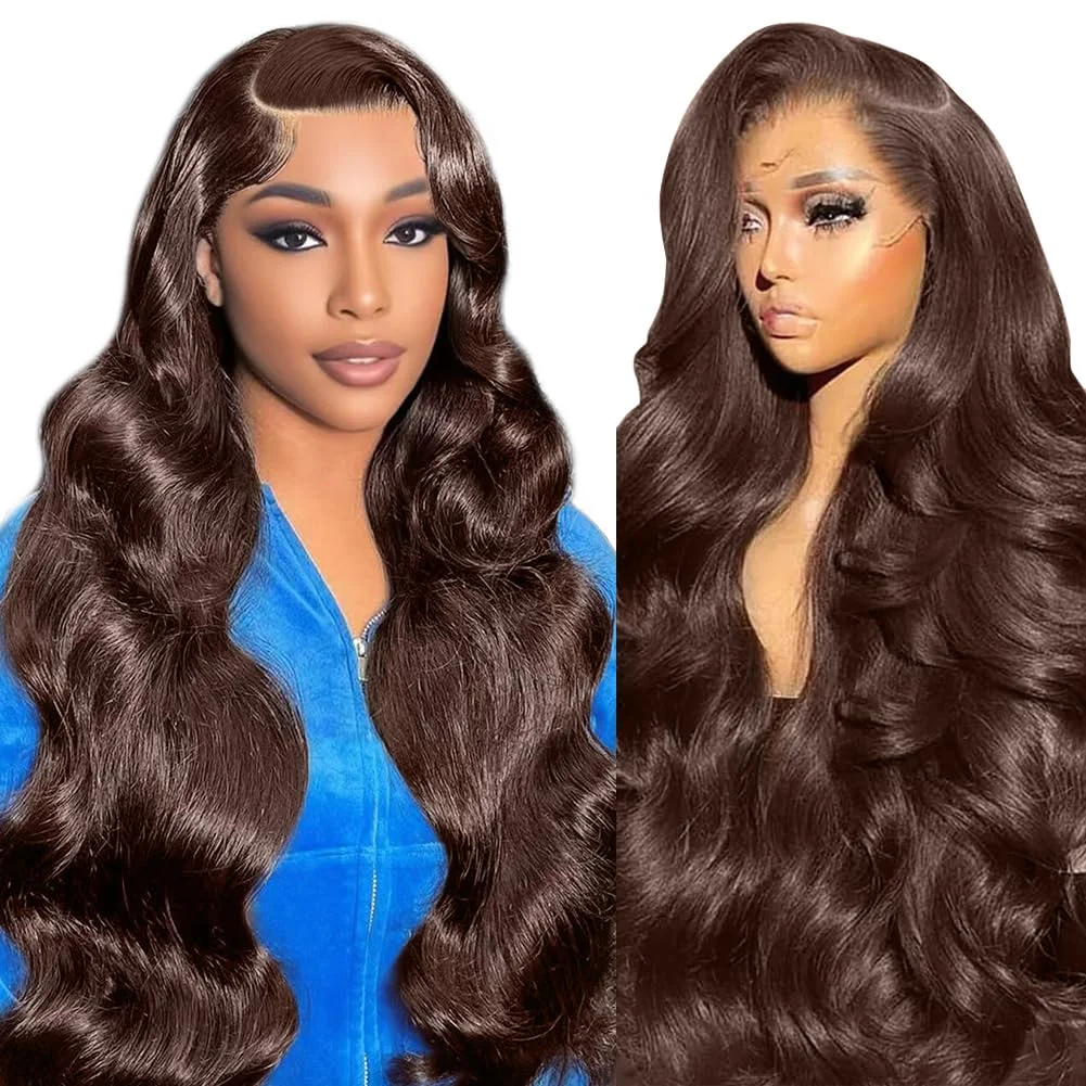 

13x4 13x6 HD Transparent Lace Chocolate Brown Colored Body Wave Full Frontal Front Remy Human Hair Wigs 50 52 Inches 220 Desnity