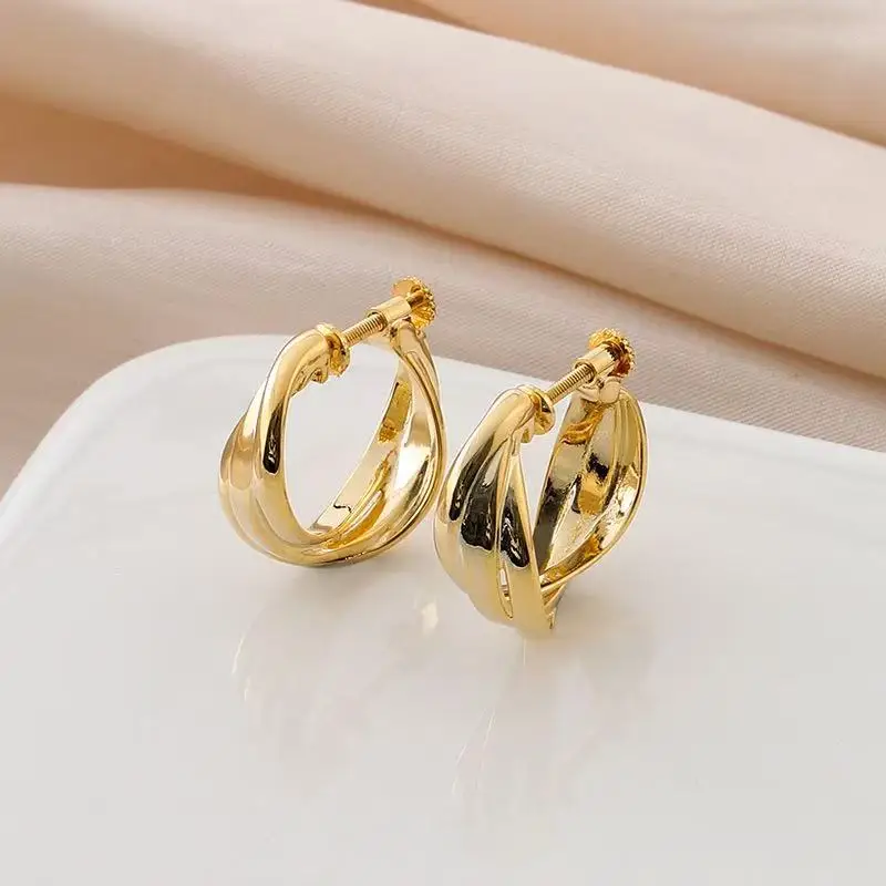 EH22 Daily Commute Hong Kong Style C Shape Hoop Earrings, Screw Clip On Earrings for Non Pierced Ears, Minimalist Cold Tone Meta