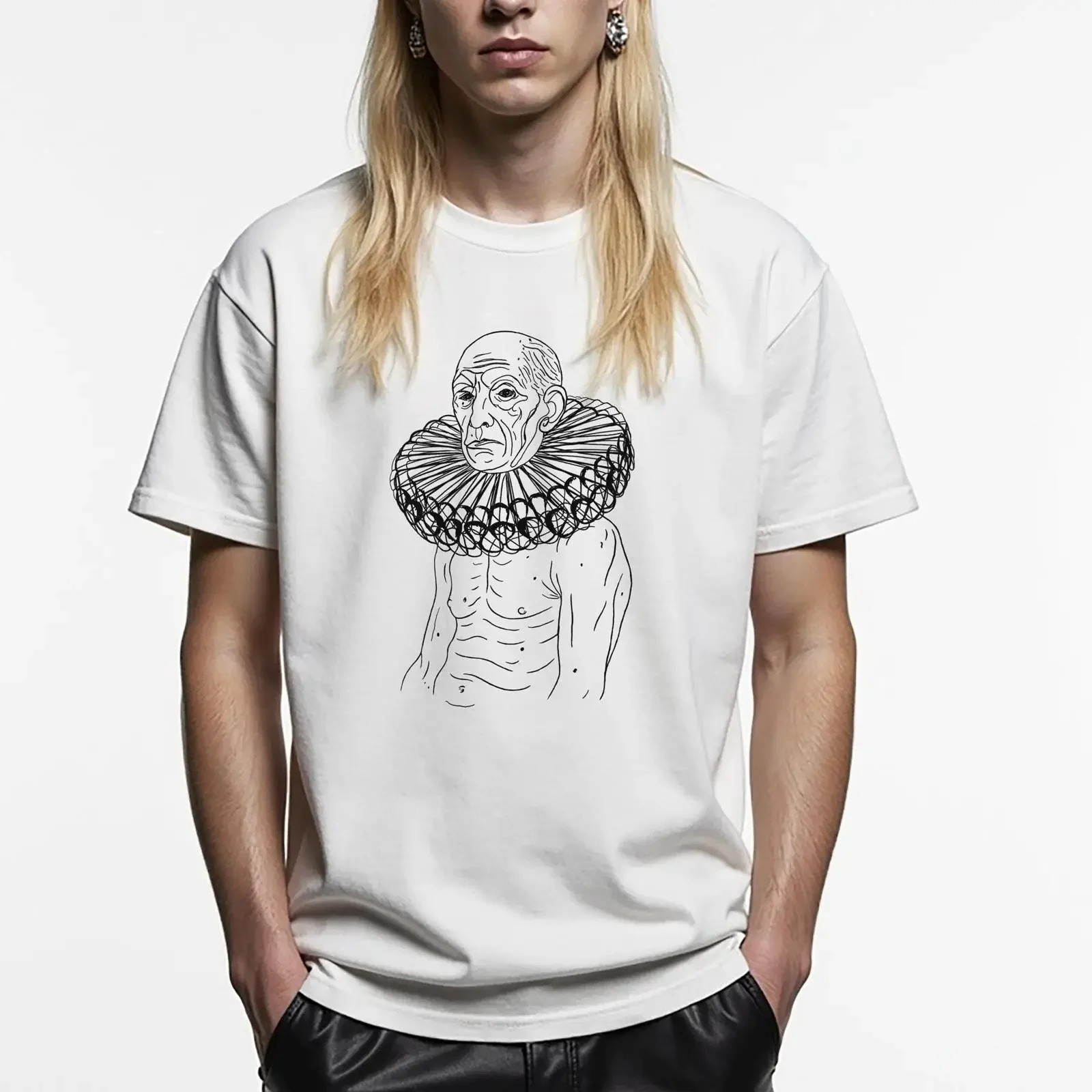 Absurd Ruffle Collar T Shirt Sad Old Man Line Art Surreal Anti Status Symbol Weirdcore Gothic Humor vintage Washed