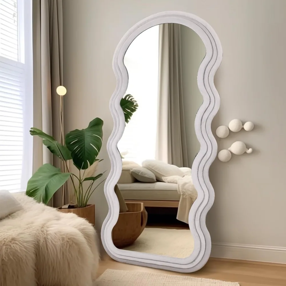 

Arched Full Length Mirror71"x32"Irregular Wavy Mirror with Flannel Wrapped Wood Frame Floor Mirror for Living Room Hanging