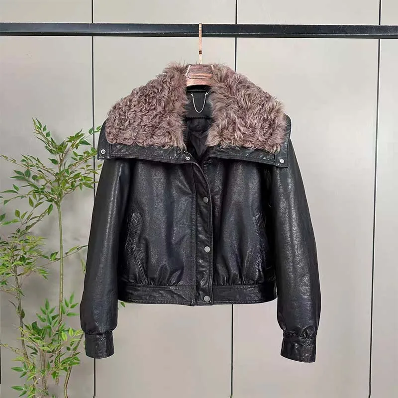 cappotto da donna invernale Piumino in pelle spesso caldo di alta qualità corto collo in vera pelliccia di lana vera pelle di pecora