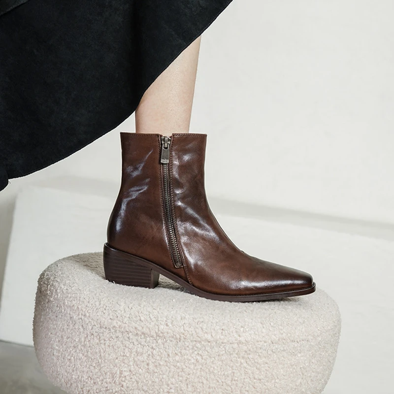 NEW Autumn/Winter Women Boots Genuine Leather Leather Shoes Women Square Toe Chunky Heel Shoes Zipper Mid-calf Boots Daily Shoes