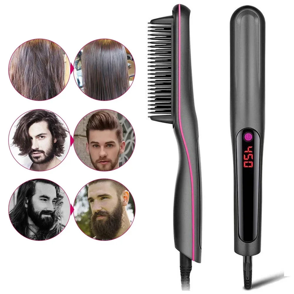 Professional Hair Straightener Brush Anti-Scald Feature Fast Heating Flat Iron Hot Comb Straightening Brush Hair Styler For Men