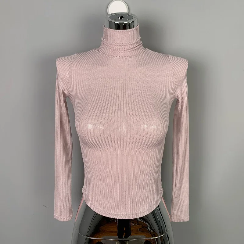 Damska dopasowana koszulka z golfem, prążkowana, z długim rękawem, koreańska, uniwersalna, prosta baza pod ubrania, seksowne krótkie topy.