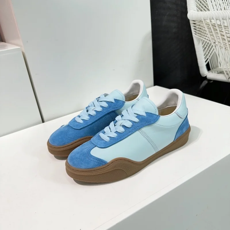 New thick soled training shoes, women's genuine leather retro color block shoes, casual walking sports shoes