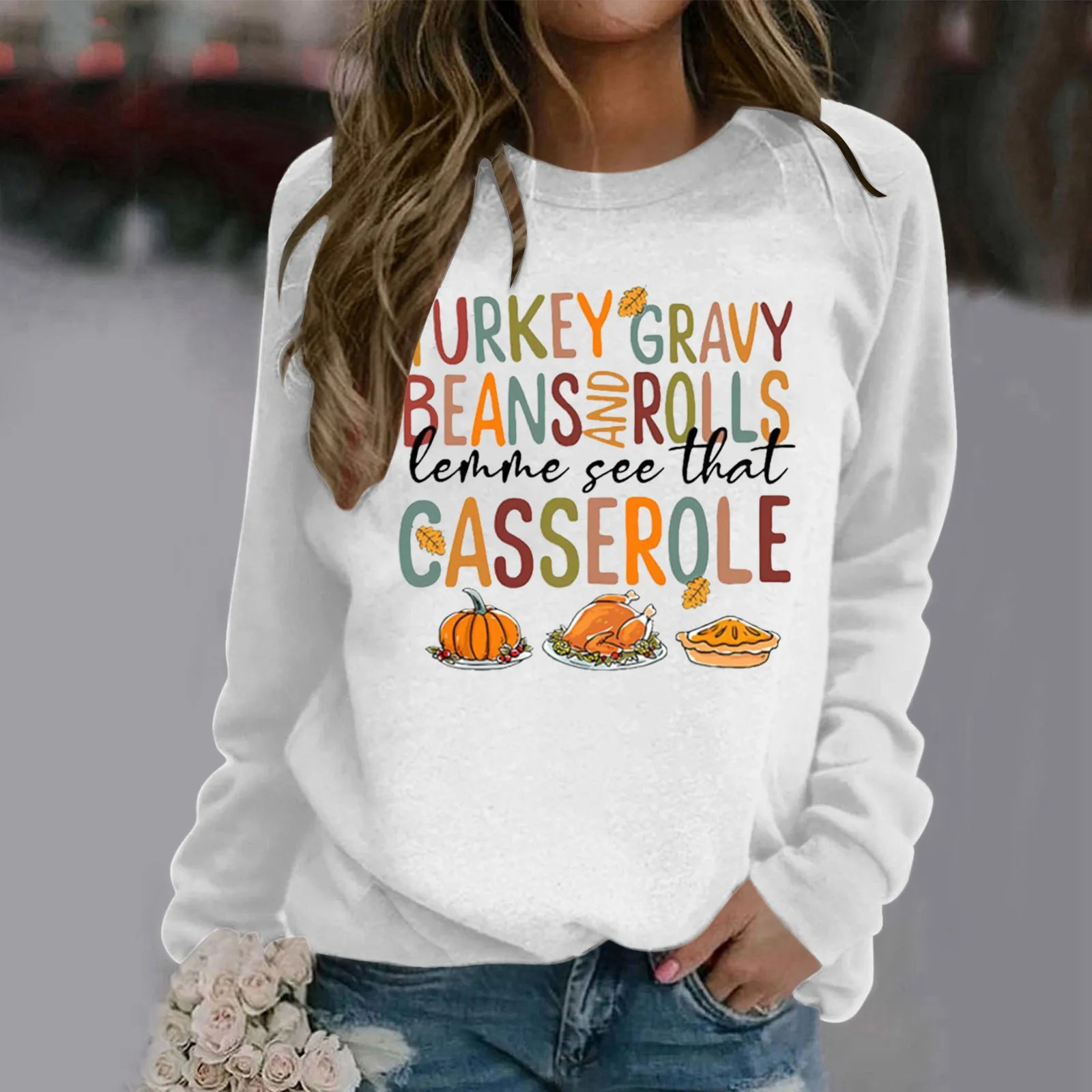 Thanksgiving Day Women's Pullover Sweatshirt Fall Winter Turkey Gravy Beans Rolls Casserole Print Sweatshirt O Neck Graphic Top