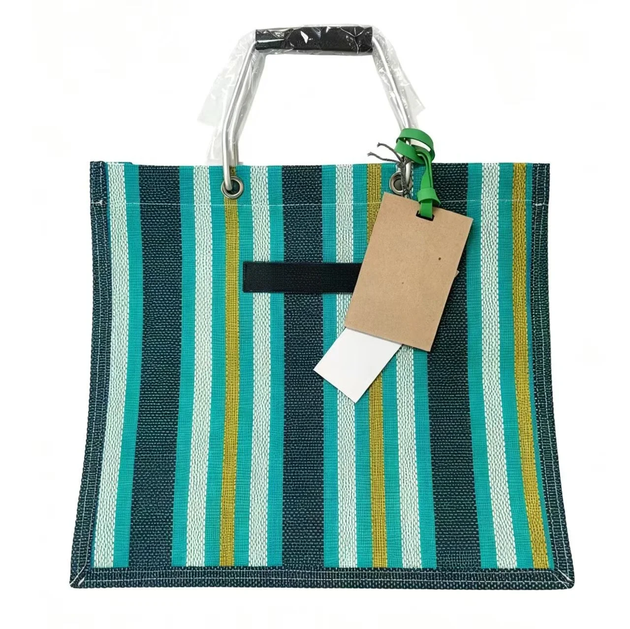 

Striped Woven Tote Bag with Metal Handle for Beach & Shopping
