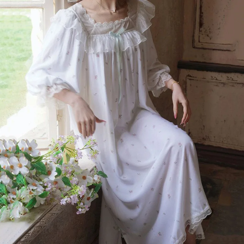 Cotton Lace Long Sleeve Fairy Pajamas Nightgowns for Women Summer Short Sleeve Vintage Princess Nightdress Home Suit