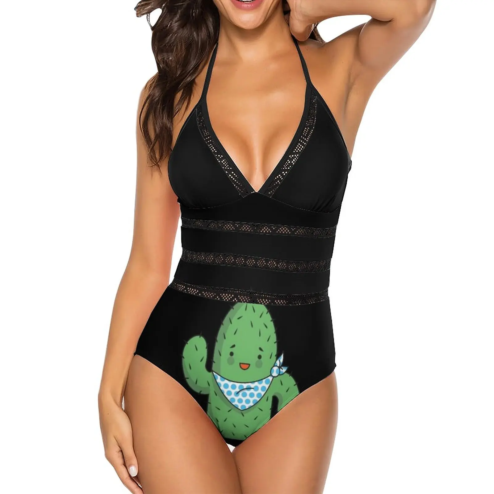 Mr J.G Cactus One Piece Swimsuit Black Mesh Swimwear Sexy Classic Backless Bodysuit Cactus Cute Green Spikes Smile Happy Sweet