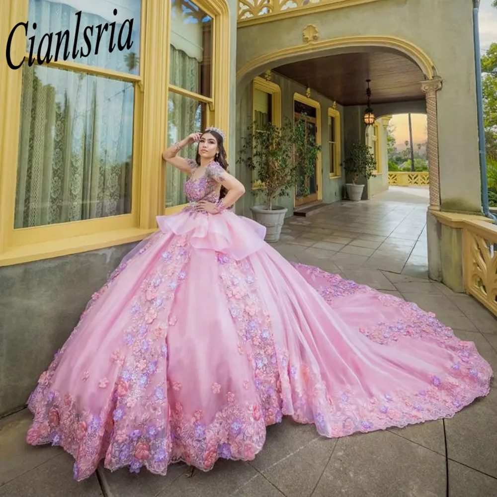 Vestidos de princesa rosa para quinceañera, vestidos de manga larga con cordones florales 3D y cuentas para años xv 2023