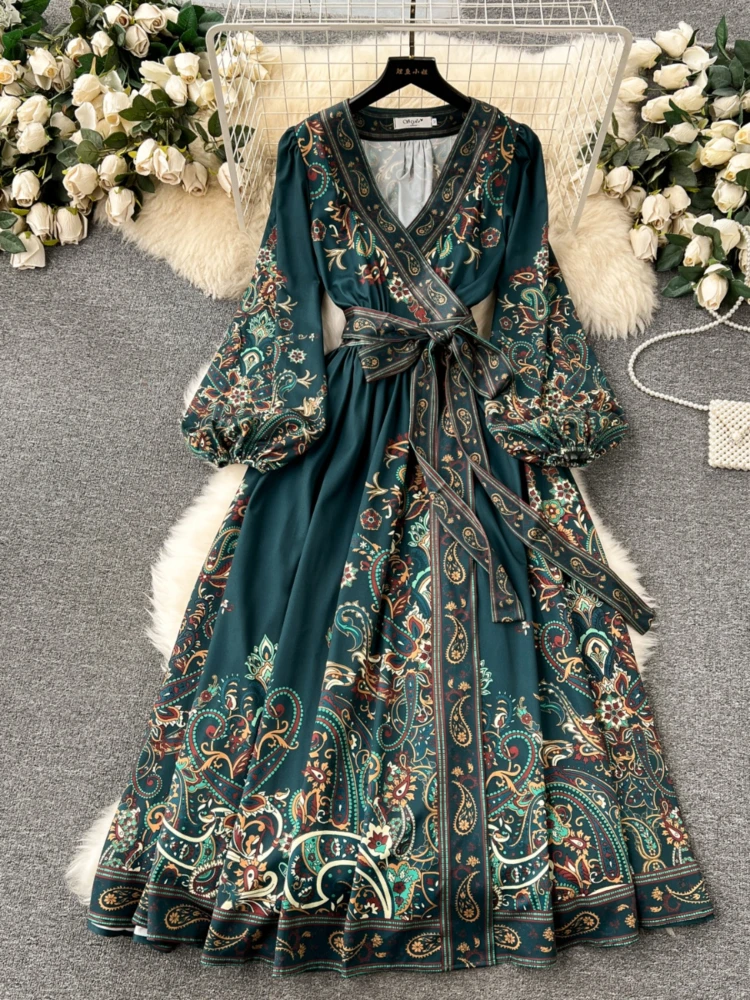 Spring French Vintage Party Dress Women One Piece Bandage Printed Floral Dresses Female Elegant V-neck Long Robe Vestidos