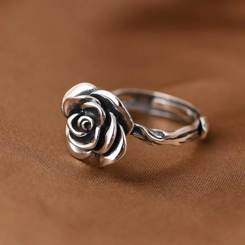 Fashion Lady S925 Ring Adjustable Vintage Relief Rose Flower  Women Jewelry Gift For Girlfriend