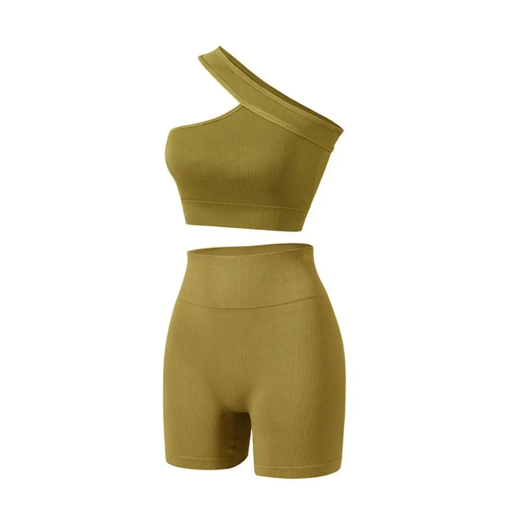 

2Pcs Casual Seamless Women Workout Sets High Waist Ribbed Yoga Outfits Tank Tops One Shoulder Active Wear Fitness