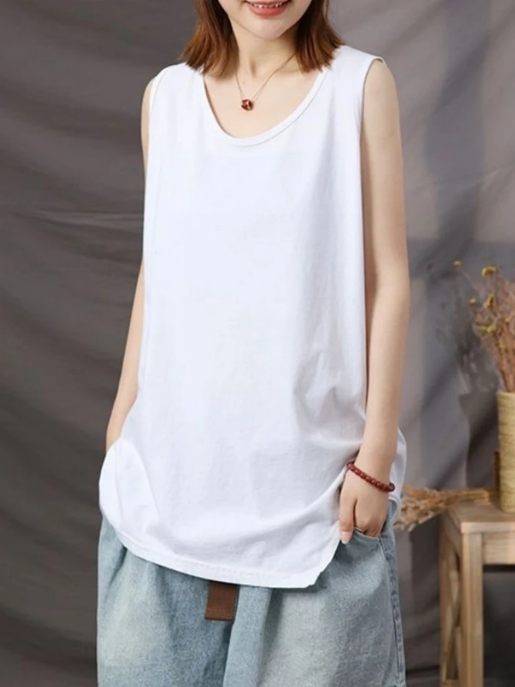 Summer Casual Loose Women's Tank Top Sleeveless Base Layer Pure Color Outerwear Versatile Slimming Effect Polyester Fiber