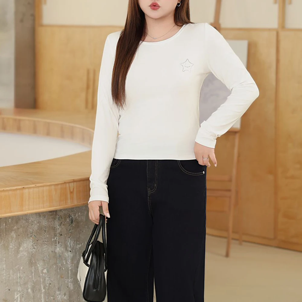 

Базовая футболка премиум-класса с горячим бурением и улыбающимся лицом из модала с круглым вырезом, большие размеры, повседневные женские топы с длинными рукавами, осень-зима