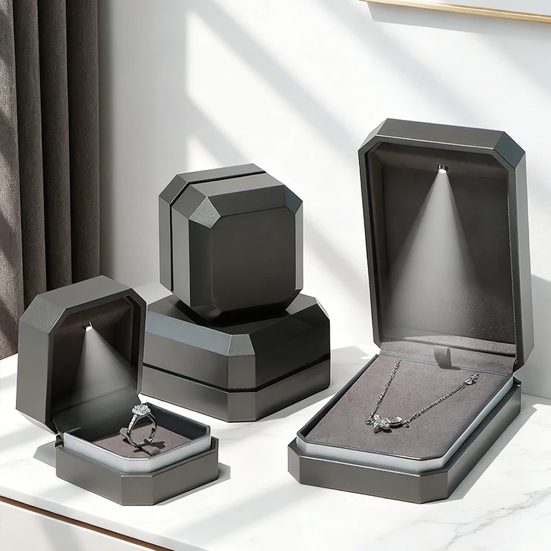 Light Luxury Octagonal Painted Jewelry Box, Gray with LED Light, Ring Necklace Bracelet Packaging & Display Box