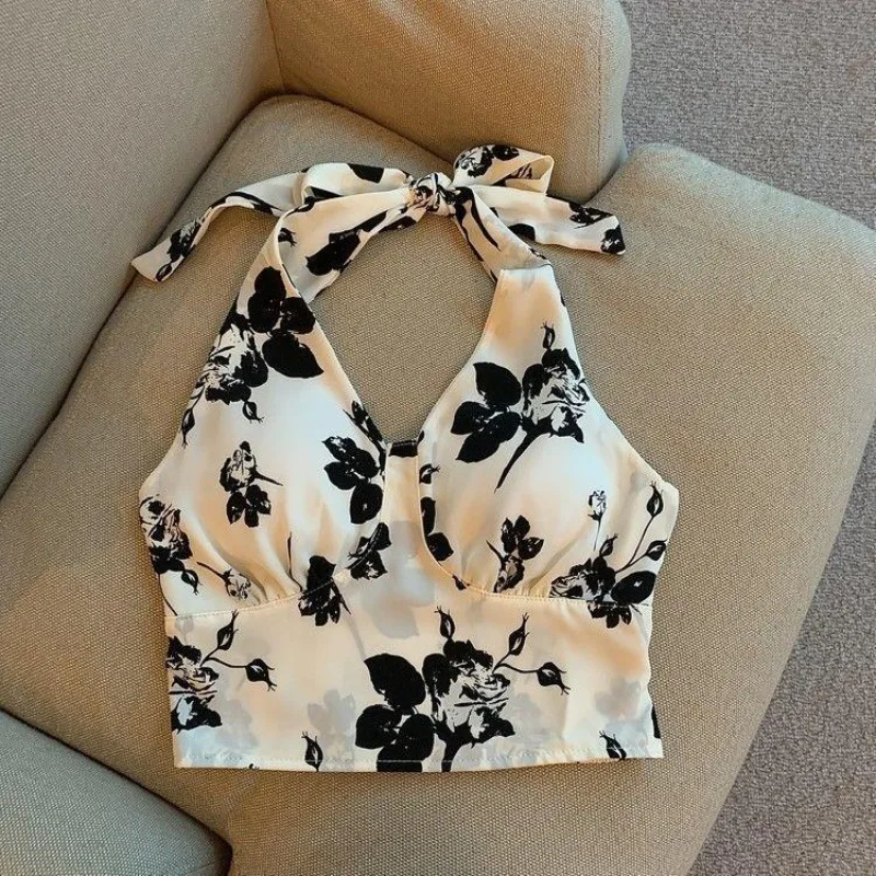 

Hanging Neck Camisole Flower Print Women's Backless Tanks Tops Summer Streetwear New Sexy V-neck Girls Slimming Outerwear Top