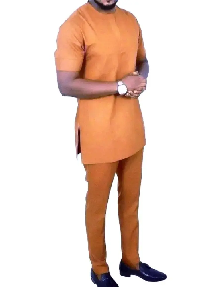 Nigerian Shirts With Trousers Solid Brown Yellow Pant Set Senator Style Male Groom Suits Custom Party Outfit Africa Clothing