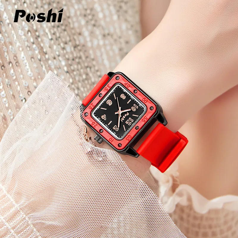 POSHI Luxury Women\'s Watch Original Quartz Watch Silicone Strap Waterproof Square Ladies Wristwatches Clock for Women Female