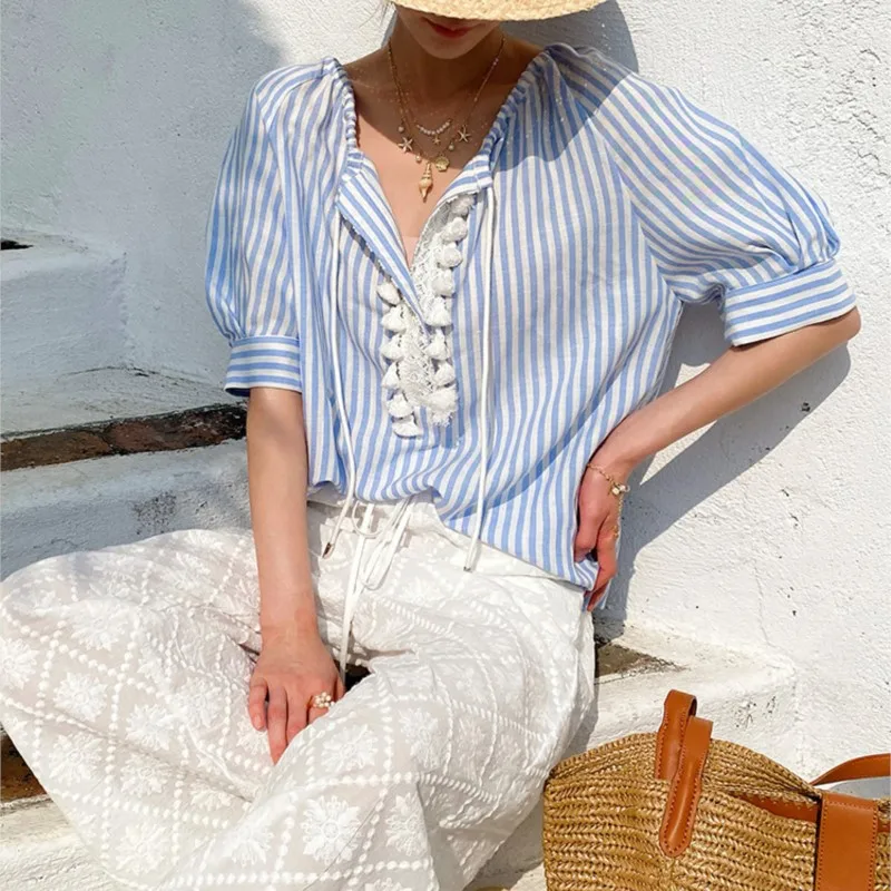 Johnature New Striped Shirt Vacation Top For Women Summer Short Sleeved Pullover Comfortable Casual Women Tops