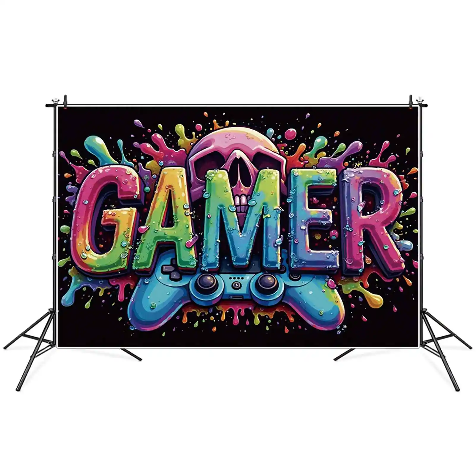 MOON.QG Game Night Party Decorations Backdrop Boy's Birthday Party Banner Poster Background Controller Skull Photo Studio Props