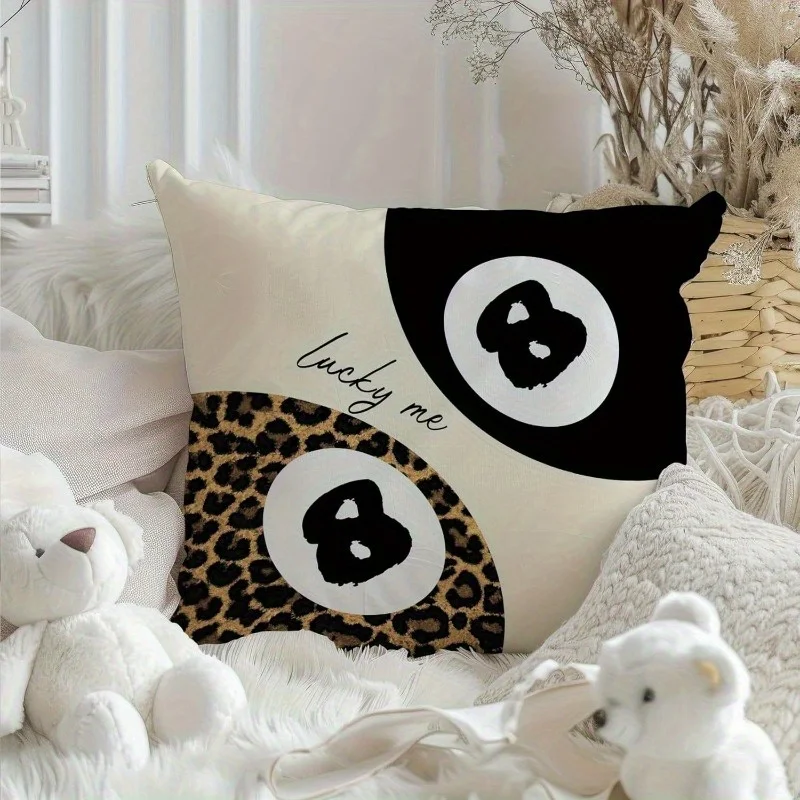Double Sided Trendy Leopard Print Lucky 8 Ball Decorative Throw Pillow Case Black Billiard Art Cushion Cover for Sofa Home