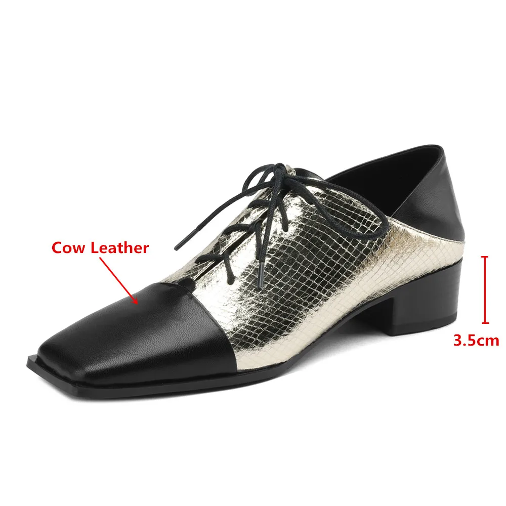 MILI-MIYA Fashion Metallic Microfibre Mixed Color Women Cow Leather Pumps Square Toe Thick Heels Classic Lace Up Casual Street S