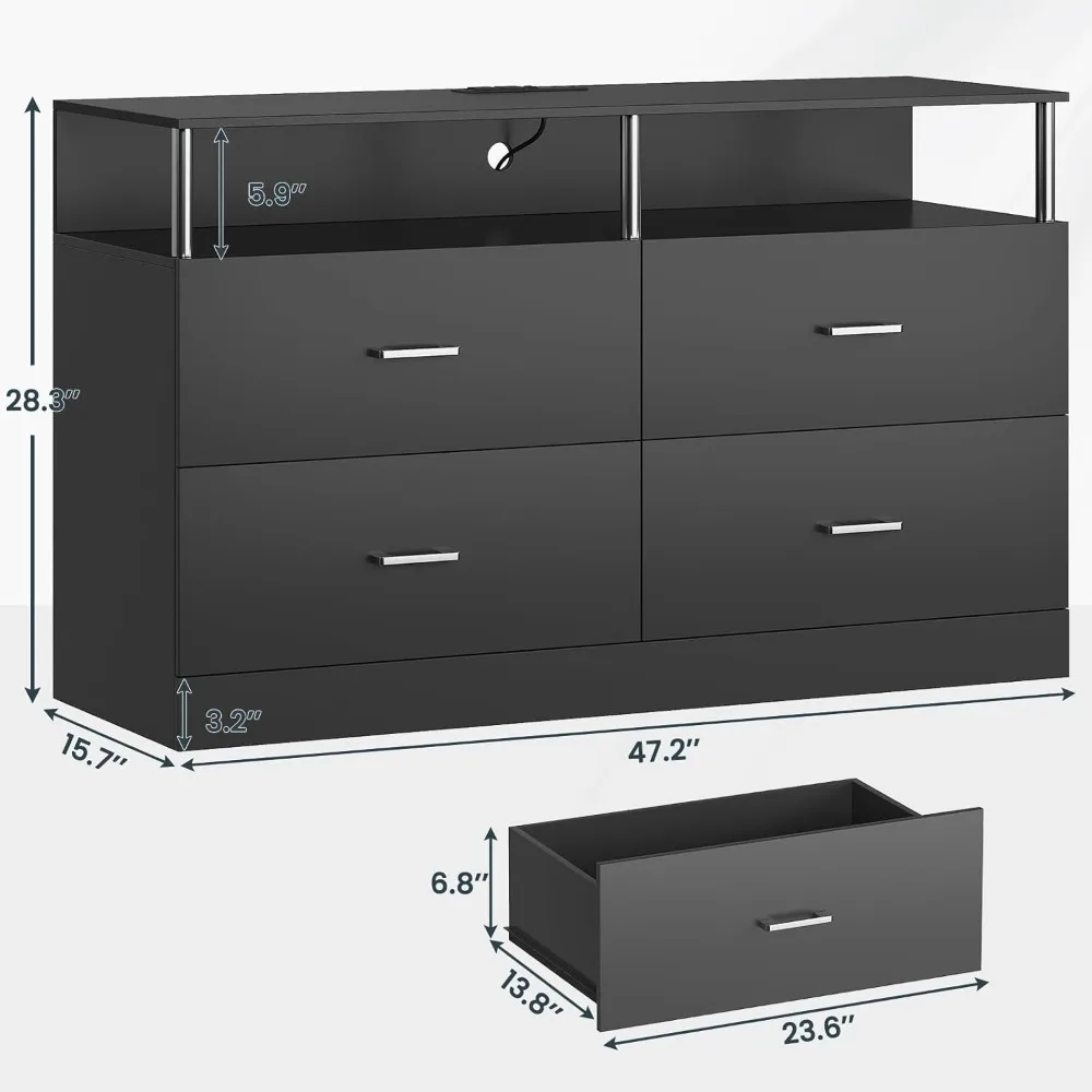 Dresser for Bedroom with 4 Drawers,Dressers & Chests of Drawers with Column Design & Charging Station, Modern Led Long Dresser