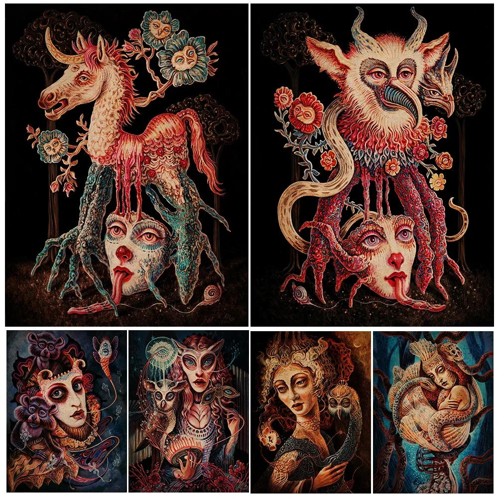 

Unicorn,Succubus,Siren,Mermaid,Sea Monster Abstract Wall Art Canvas Painting Weird Horrible & Weird Creatures Art Poster Print