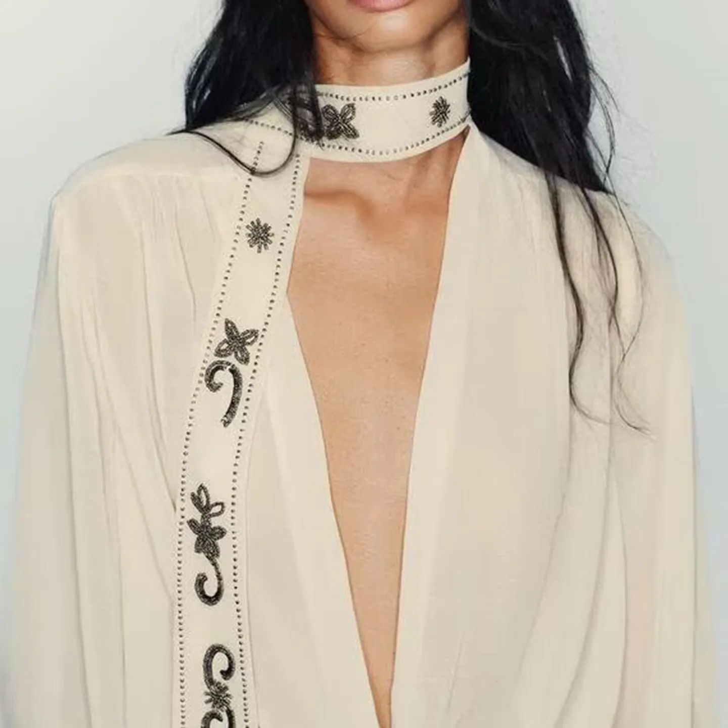 Z 2025 Nieuwe Faion Personali Eenvoudige Kralen Sjaal irt Dames Loose Fit Button up Lange Sve V Ne Winter Collectie