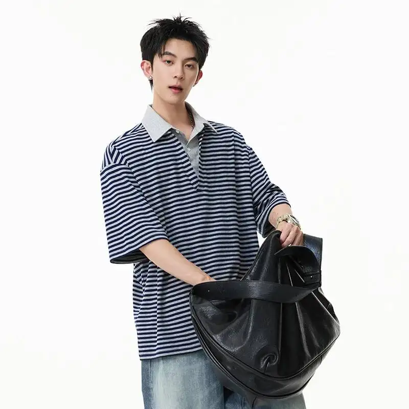 Fake Summer Men's Two Pieces T-shirt Black White Stripe Layered Design Oversized Fit Short Sleeve Casual Daily Top HN6F
