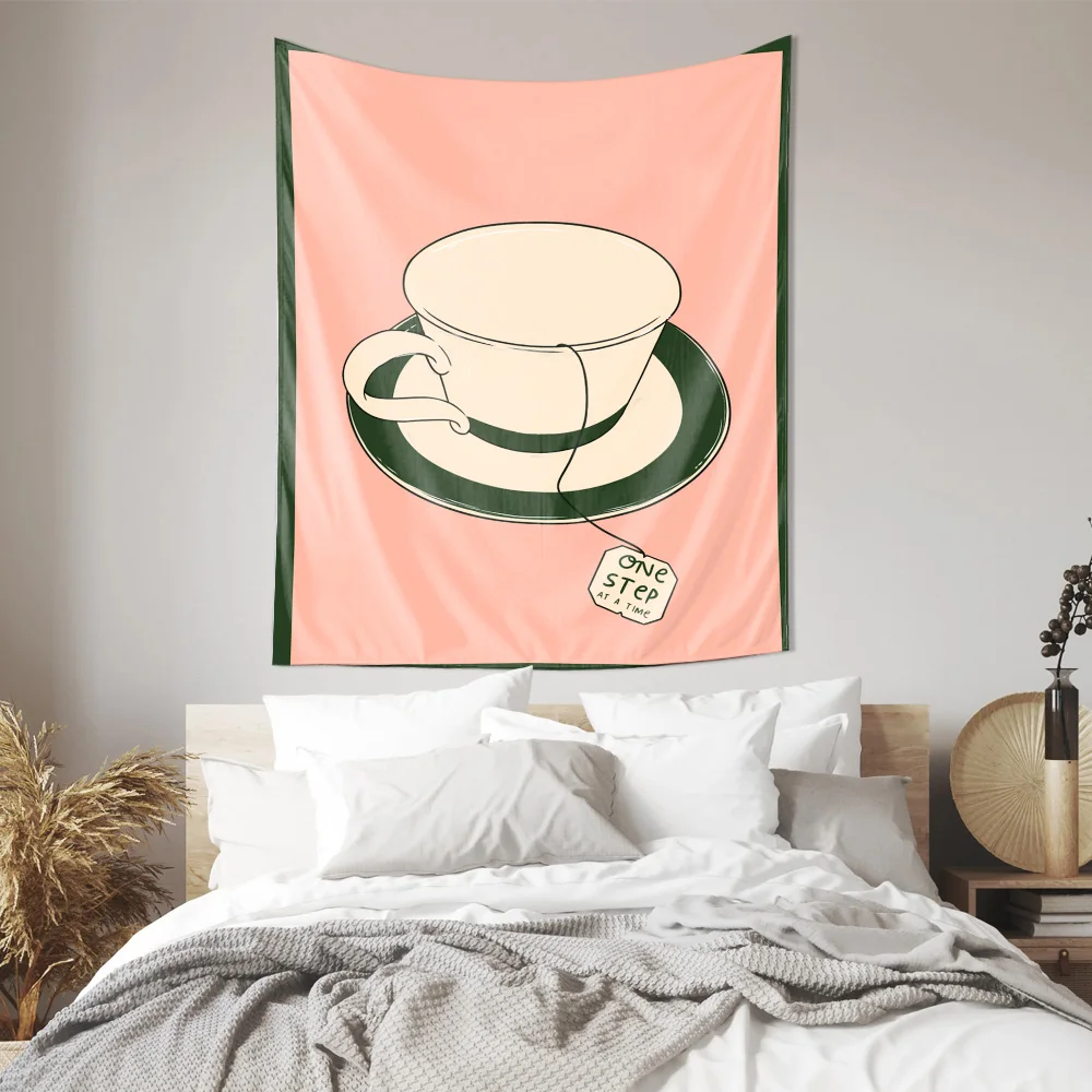Tea Cup One Step At A Time Wall Tapestry Machine Washable All Season Decor Print Minimalist Design Home  non-toxic material