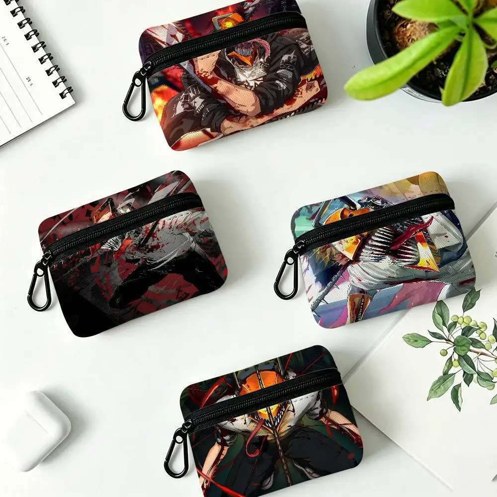 Japan C-Chainsaw Mans Anime Mini Hanging Oxford Cloth Coin Bag Durable Zipper Key Card Pouch With Carabiner